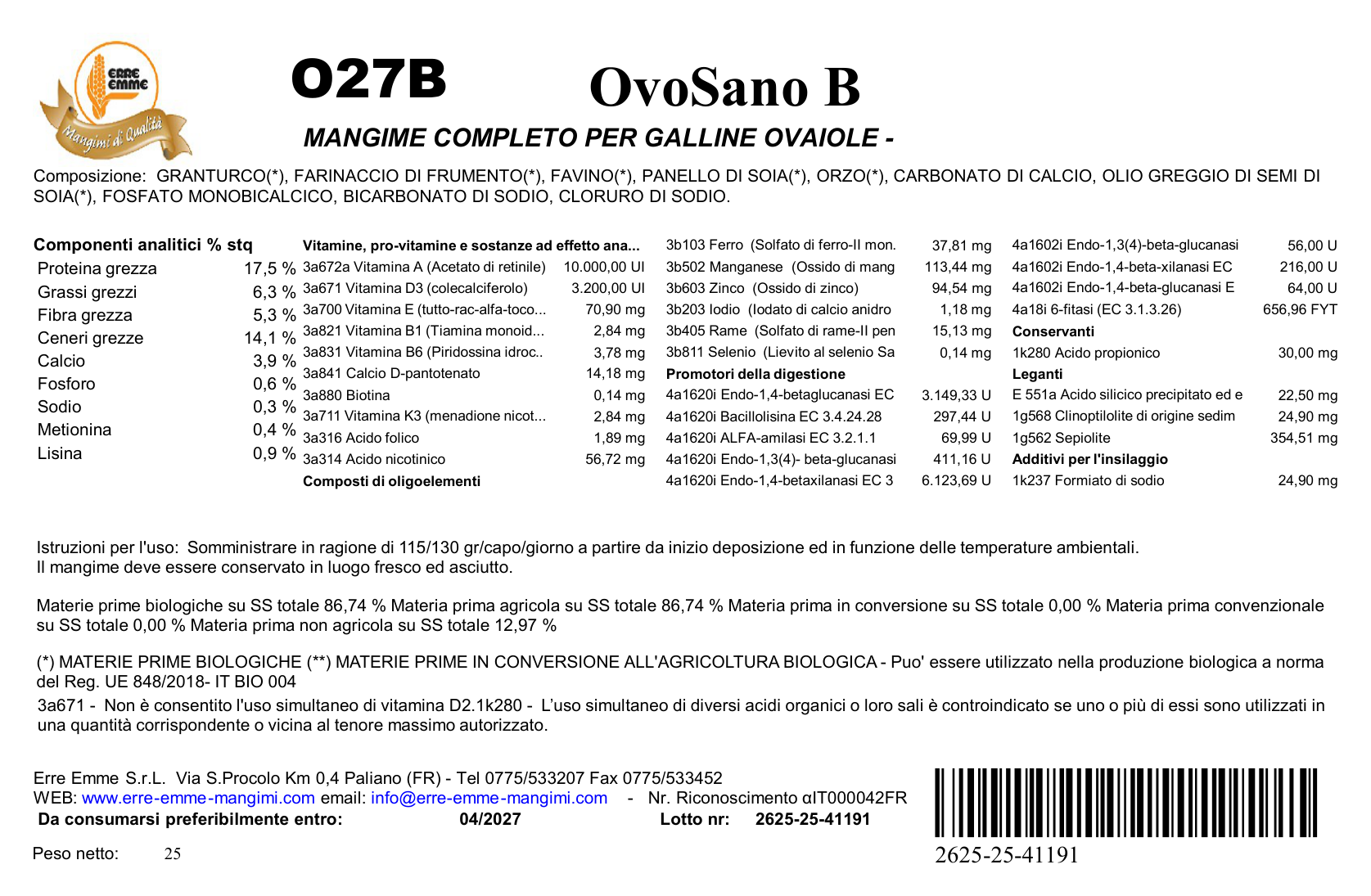 Esempio etichetta mangime biologico MBio con codice lotto e certificazione